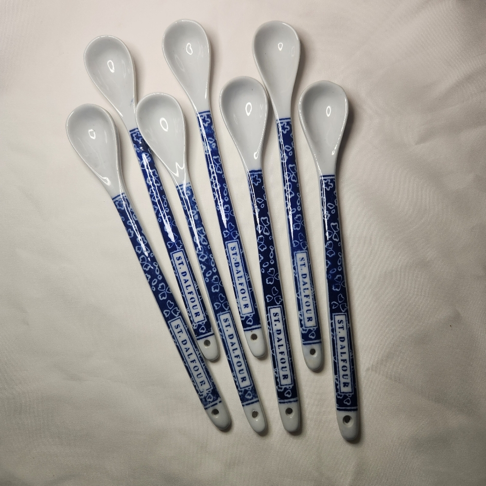 St. Dalfour French Blue and White Ceramic Condiment Spoons Set of 7